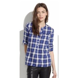 Madewell Tab Collar Blue Plaid Long Sleeve Lightweight Flannel Tunic L